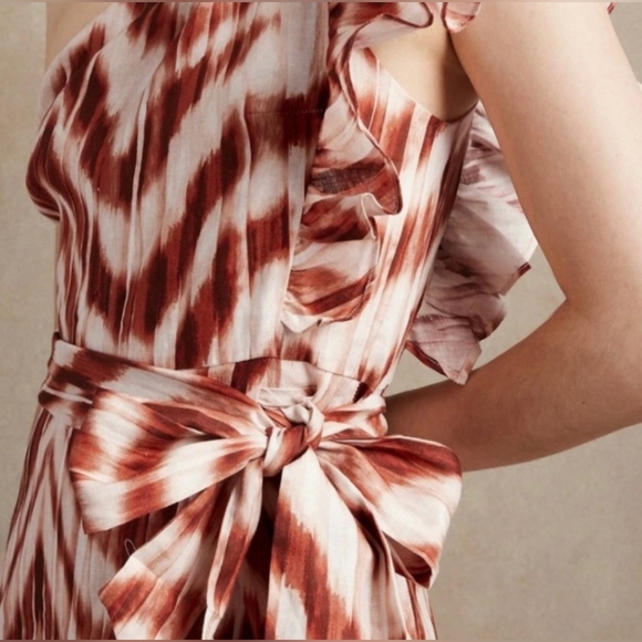 Banana Republic NWOT One-Shoulder Linen Ruffle Brown Patterned Mini Dress - Picture 4 of 11